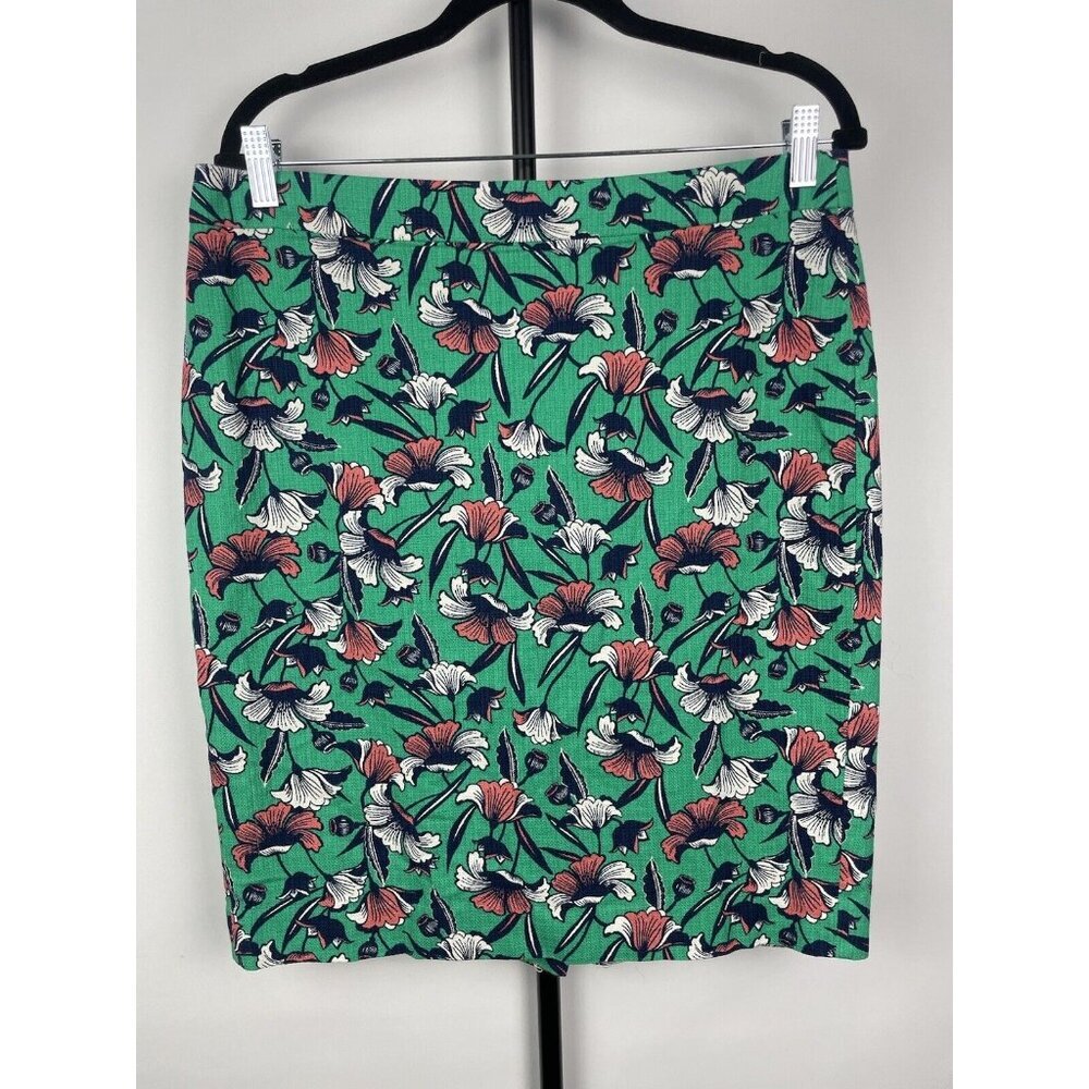 J by J Crew Green Poppy Floral Basketweave Cotton‎ Pencil Skirt Size 10